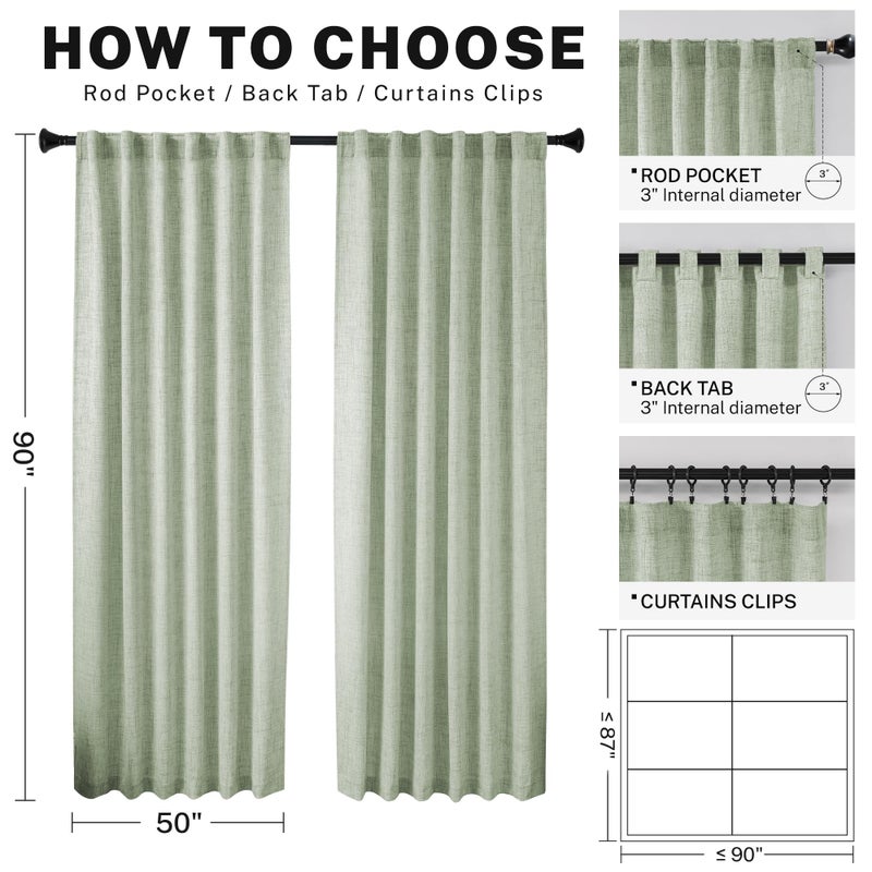 MEETBILY 90 Inch Sage Green Curtains Linen Textured Boho Drapes for Living Room 2 Panels Set Light Filtering Rod Pocket Farmhouse Long Lasting Soft Green Sheer Pleated Curtain 90 Inch Length for Dining Bedroom - Image 3
