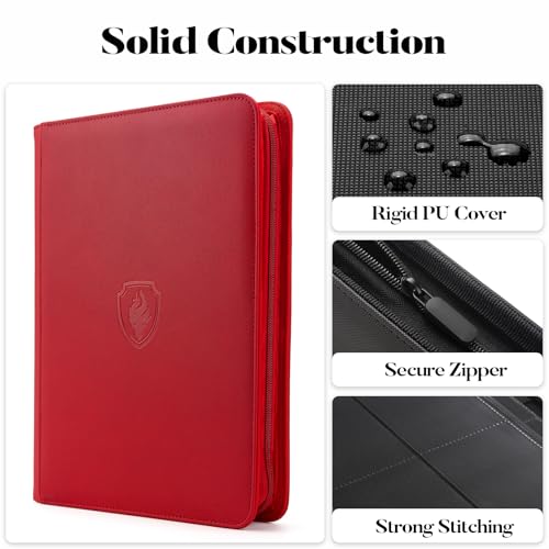 Fabmaker 9 Pocket Zipper Card Binder, Fabmaker 360 Trading Card Holder Book, Premium PU Cover Zip Binder for Cards, Durable Side Loading Card Folders Album for MTG, TCG, Game Cards, Sports Cards, Red - Image 2