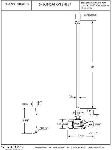 Westbrass ويستبراس D105KFHX-01 5/8" x 3/8" OD x 20" مجموعة خطوط إمداد رأسية مسطحة مع صمام إغلاق زاوية بمقبض متقاطع للمرحاض، نحاس مصقول - Image 2