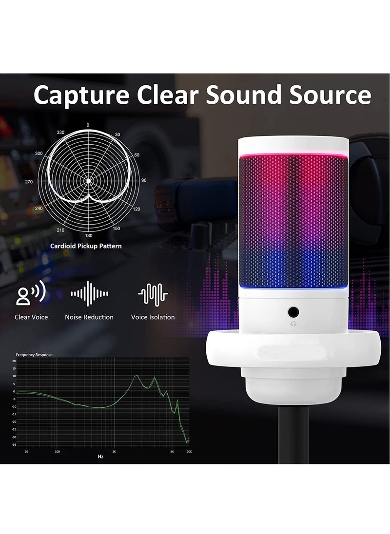 FlashHawk Desktop RGB Gaming Microphone with Quick Mute & Pop Filter | USB/Type-C | PC/PS5/PS4/Mac | 9 Color Modes & 70dB SNR, White  - Image 4