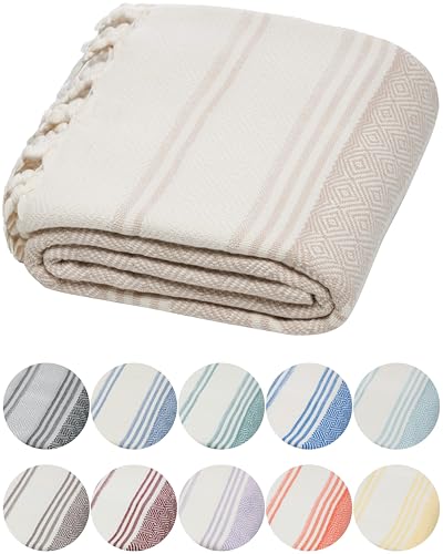 DEMMEX Organic Diamond Turkish Bath & Beach Towel | 100% Oeko-TEX Certified Turkish Cotton, Ultra-Soft, Quick-Dry, Lightweight, Compact & Oversized Luxury Peshtemal Towel, Prewashed, 71"x36", Beige - Image 1