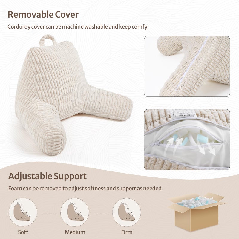 Blissful Diary Reading Pillow, Backrest Pillow with Shredded Memory Foam for Adult & Children, Designed for Bed and Couch Sitting Up, Includes Arms, Pockets and Washable Cover, Off White - Image 5