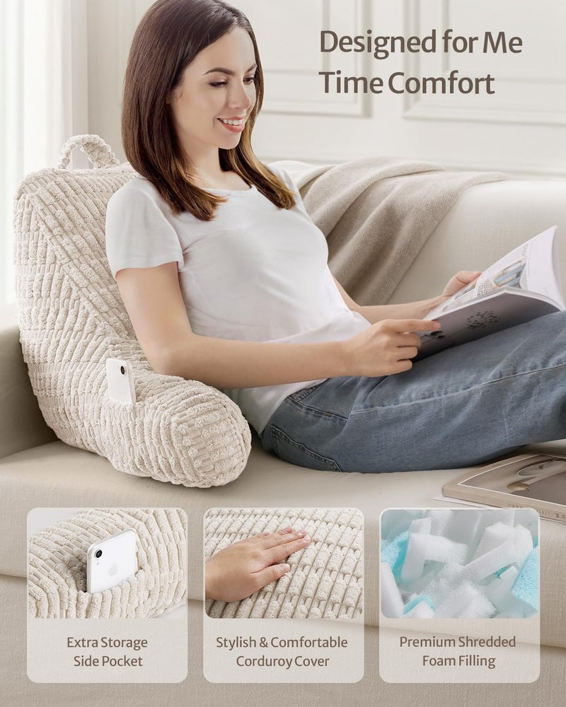 Blissful Diary Reading Pillow, Backrest Pillow with Shredded Memory Foam for Adult & Children, Designed for Bed and Couch Sitting Up, Includes Arms, Pockets and Washable Cover, Off White - Image 2