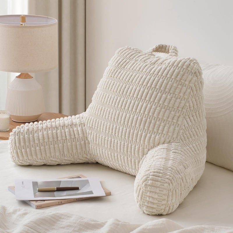 Blissful Diary Reading Pillow, Backrest Pillow with Shredded Memory Foam for Adult & Children, Designed for Bed and Couch Sitting Up, Includes Arms, Pockets and Washable Cover, Off White - Image 1