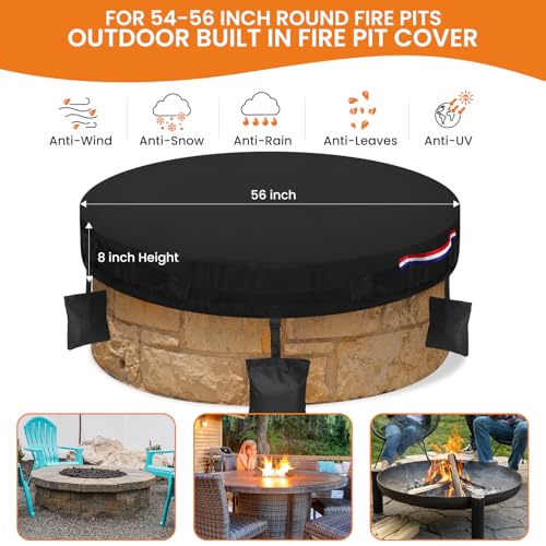 Dosminer Firepit Cover Round Outdoor Built in Stone Fire Pit Cover 56 Fire Pit Cover Round for In Ground Firepit Black Heavy Duty Waterproof 600D Oxford Firepit Covers Protector - Image 3