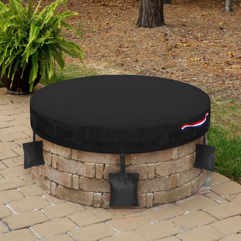 Dosminer Firepit Cover Round Outdoor Built in Stone Fire Pit Cover 56 Fire Pit Cover Round for In Ground Firepit Black Heavy Duty Waterproof 600D Oxford Firepit Covers Protector - Image 2