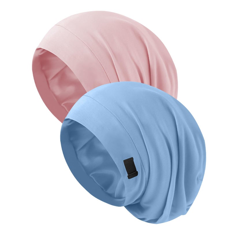 ZHENSILK Silk Bonnet for Sleeping Women, Adjustable Silky Satin Lined Sleep Cap, Silk Hair Wrap for Sleep Night Cap for Natural Curly Hair 2PCS(Pink&Blue) - Image 1