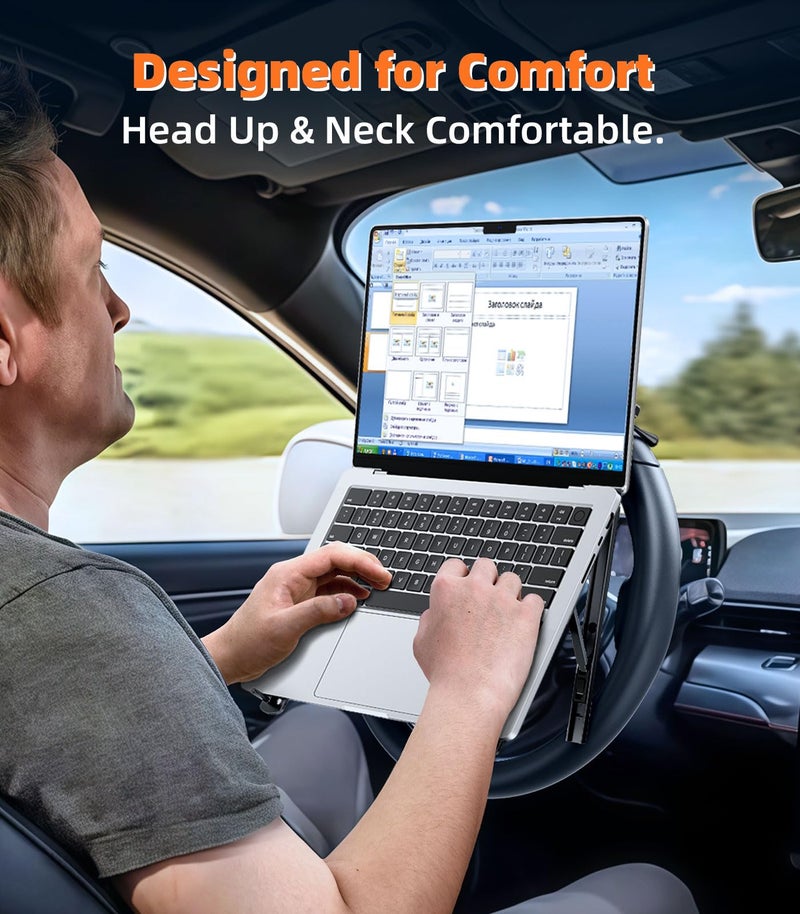 DICMKY Car Laptop Mount Steering Wheel Tray Holder, Height Adjustable Car Desk for Laptop Computer Tablet, Foldable Portable Lap Laptop Stand for Car Vehicle Workstation Accessories Truck SUV Tesla - Image 2