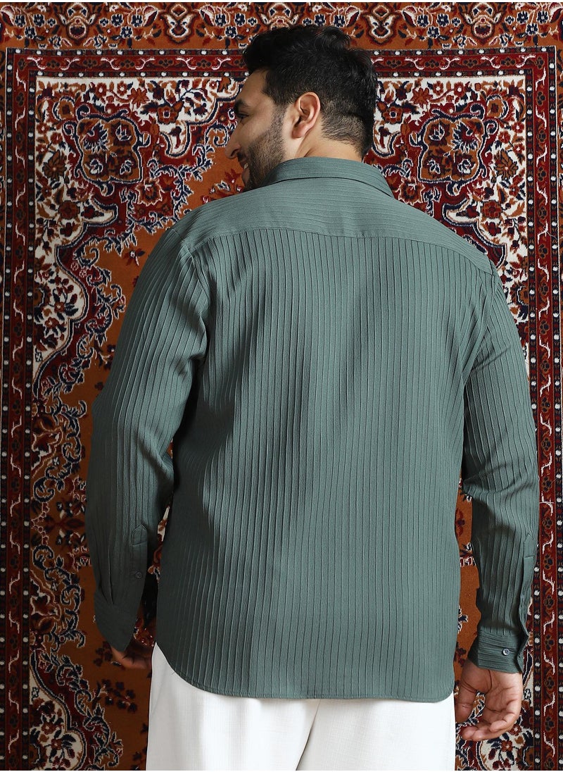 Instafab Plus Instafab Plus Men's Emerald Green Pinstripe-Tactile Shirt For Casual Wear | Spread Collar | Long Cuffed Sleeves | Button Closure | Plus Size Shirt Crafted With Comfort Fit For Everyday Wear  - Image 5