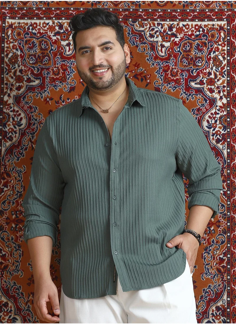 Instafab Plus Instafab Plus Men's Emerald Green Pinstripe-Tactile Shirt For Casual Wear | Spread Collar | Long Cuffed Sleeves | Button Closure | Plus Size Shirt Crafted With Comfort Fit For Everyday Wear