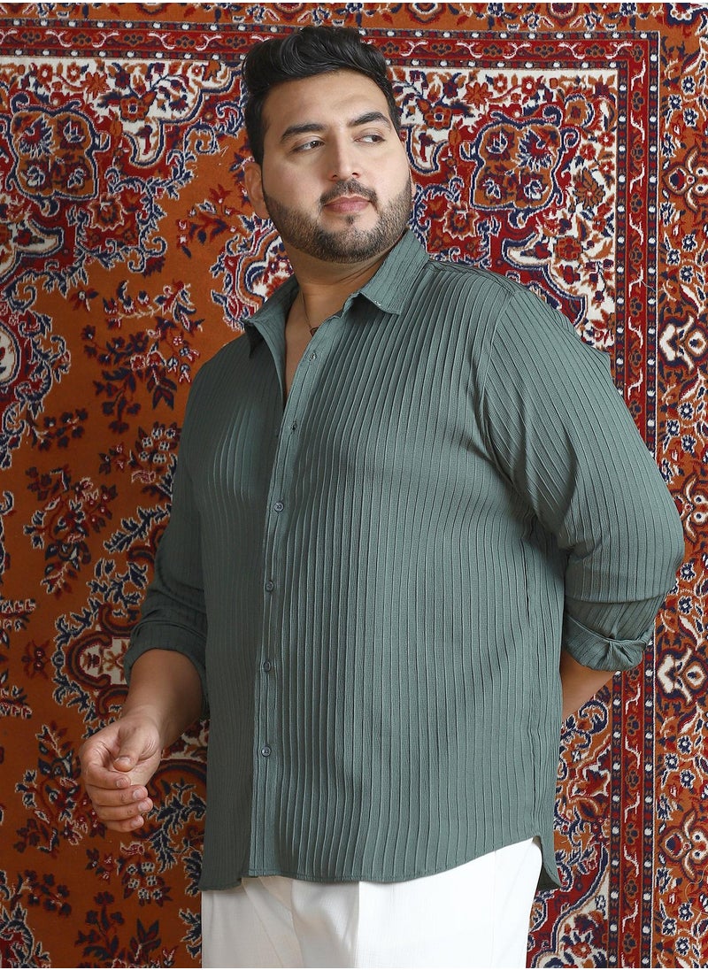 Instafab Plus Instafab Plus Men's Emerald Green Pinstripe-Tactile Shirt For Casual Wear | Spread Collar | Long Cuffed Sleeves | Button Closure | Plus Size Shirt Crafted With Comfort Fit For Everyday Wear  - Image 3