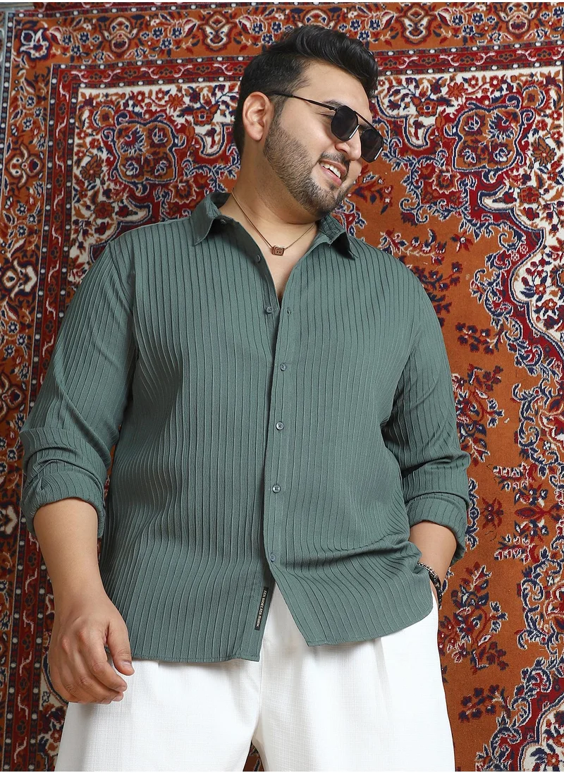 Instafab Plus Instafab Plus Men's Emerald Green Pinstripe-Tactile Shirt For Casual Wear | Spread Collar | Long Cuffed Sleeves | Button Closure | Plus Size Shirt Crafted With Comfort Fit For Everyday Wear