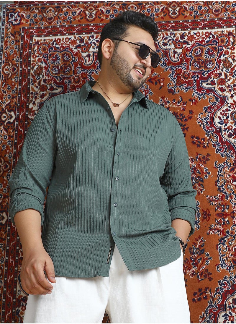 Instafab Plus Instafab Plus Men's Emerald Green Pinstripe-Tactile Shirt For Casual Wear | Spread Collar | Long Cuffed Sleeves | Button Closure | Plus Size Shirt Crafted With Comfort Fit For Everyday Wear  - Image 1