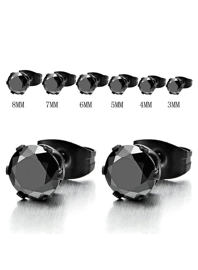 COOLSTEELANDBEYOND 3-8MM Black Cubic Zirconia Mens Ladies Black Stud Earrings Stainless Steel, 1 Pair black - Image 2