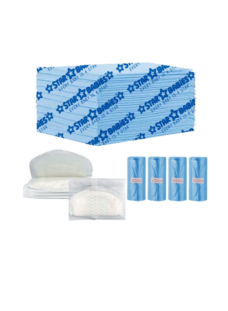 STAR BABiES Star Babies Combo Pack (Disposable Changing mat 10pcs, Scented Bag 4pcs (60bags) with  Disposable Breast Pad 5pcs) -Blue  - Image 1
