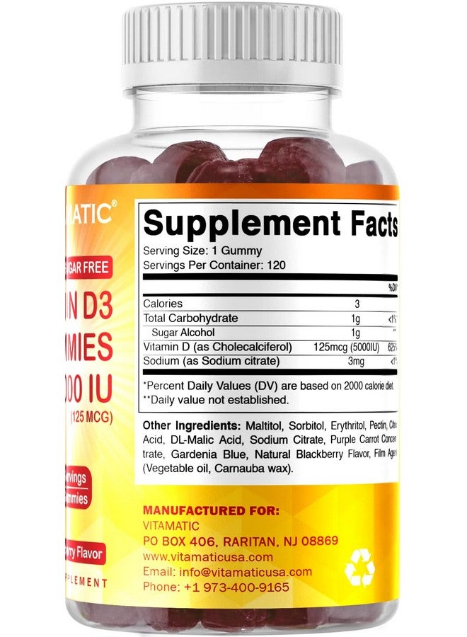 Vitamatic Sugar Free Vitamin D3 5000 IU - 120 Gummies - Great Taste - Healthy Bones, Mood & Immune System Function - Non-GMO - 120 Servings (5000 IU) - Image 4