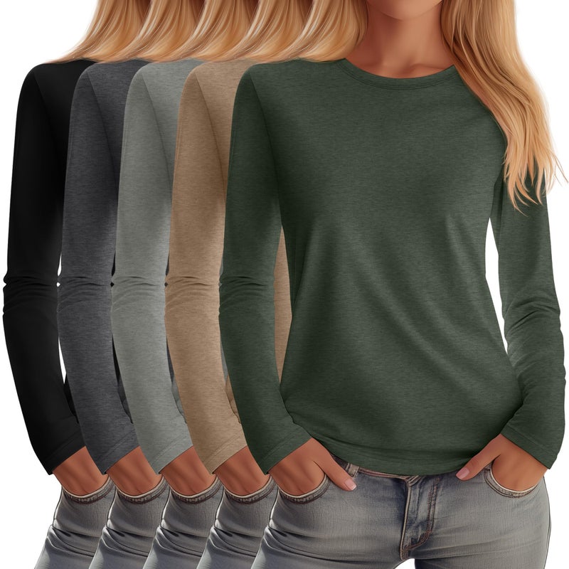 Huukeay 5 Pack Women's Crew Neck Long Sleeve Shirts, Cotton Blend Casual Clothes Workout Basic Layering Tee Tops Multipack(Black, Heather Gray, Light Heather Gray, Coffee, Army Green,X-Large) - Image 1