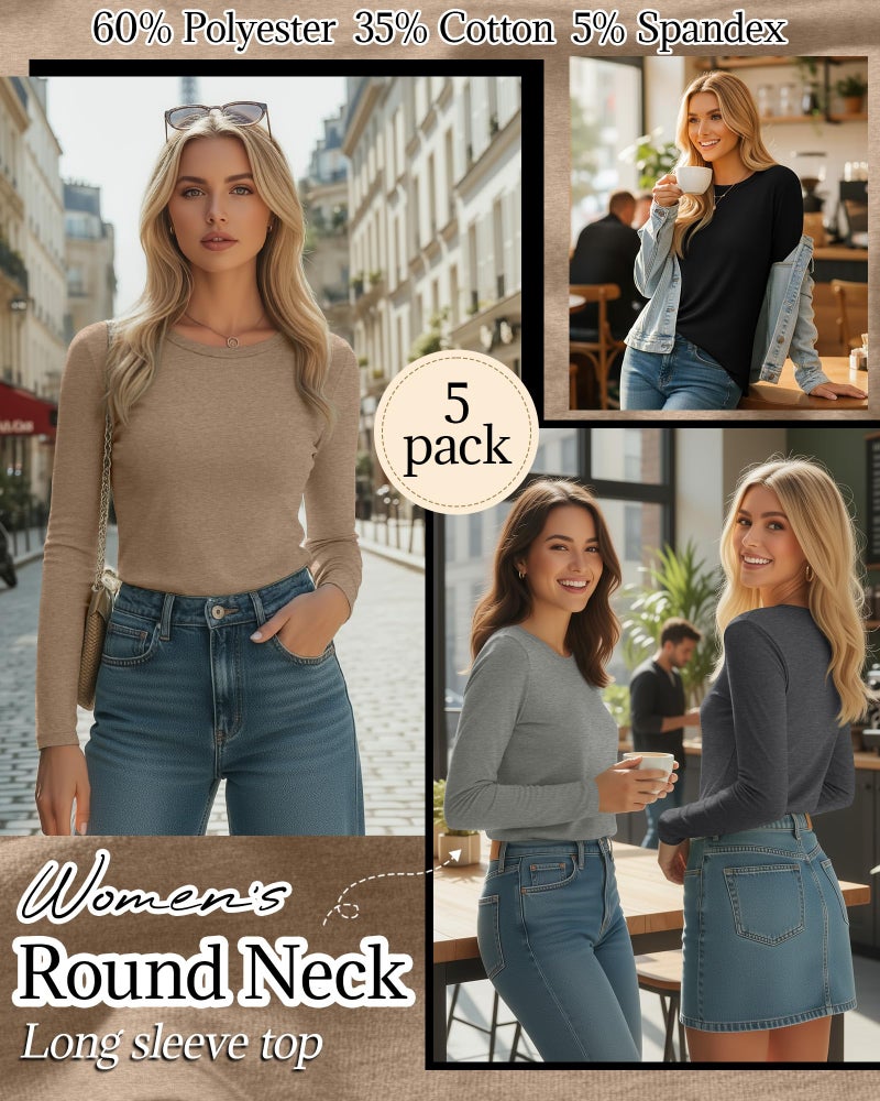 Huukeay 5 Pack Women's Crew Neck Long Sleeve Shirts, Cotton Blend Casual Clothes Workout Basic Layering Tee Tops Multipack(Black, Heather Gray, Light Heather Gray, Coffee, Army Green,X-Large) - Image 2