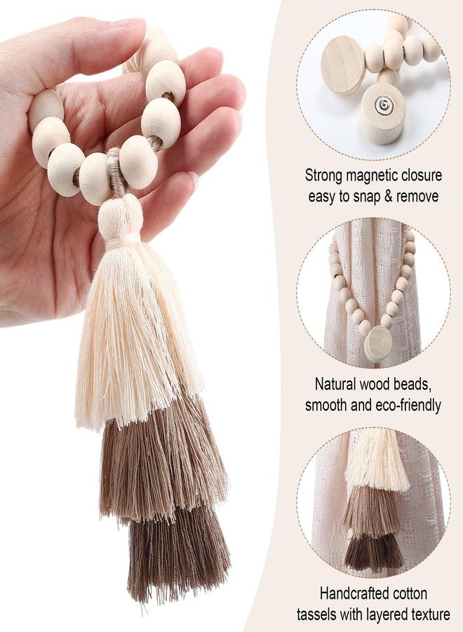 Ripeng 4 Pack Magnetic Wooden Bead Curtain Tiebacks with 3 Tier Tassel Boho Tassel Holdbacks for Drapes Rusti c Farmhouse Curtain Decorative Holders for Bedroom Living Window Treatment - Image 3