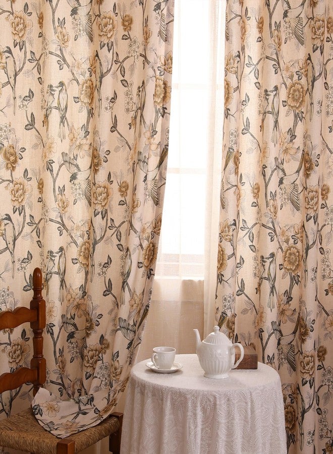 ISAENNE Vintage Beige Semi Blackout Curtains with Grommets,Floral and Bird Pattern Linen Home Decor Curtain for Kitchen Living Room Bedroom Window,2 Panels 53 Inches Wide by 79 Inches Long -Murad - Image 2