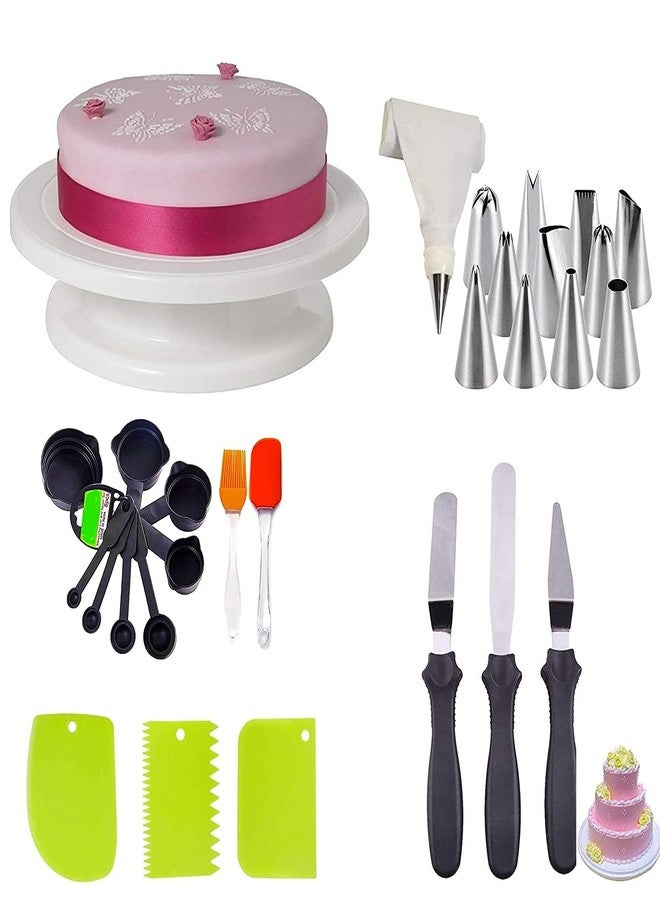 BAKING SET مجموعة أدوات تزيين الكيك، تتضمن قاعدة دوارة للكيك، و12 رأس تزيين مرقم، و3 سكاكين تزيين، و3 أدوات لتنعيم كريمة التزيين، وكيس تزيين سيليكون، ووصلة، ومجموعة فرشاة وملاعق، و8 أكواب وملاعق قياس. - Image 1