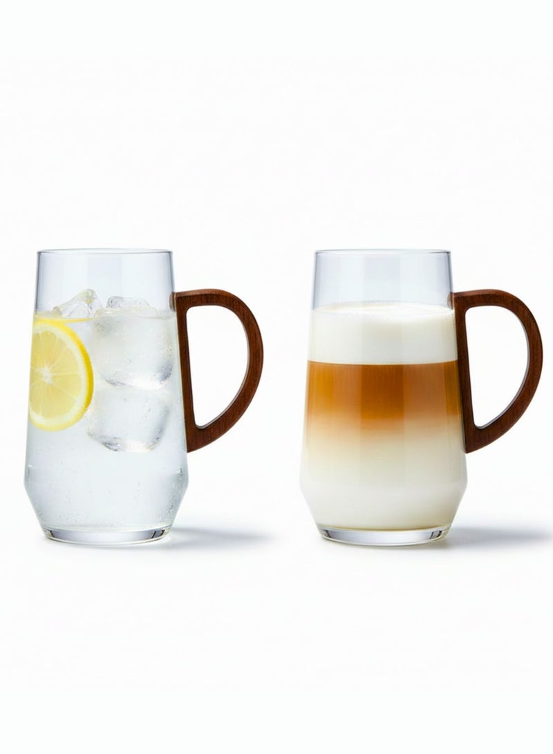 1Chase Set of 2- 400ML Borosilicate Crystal Glass Mugs with Walnut Handle,  Elegant & Durable Glassware for Home & Kitchen - Image 1
