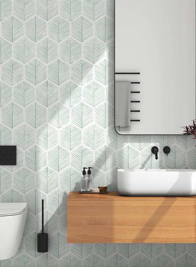 OSECAGE Modern Peel and Stick Wallpaper 17.3''×78.7'' Geometric Wallpaper Boho Contact Paper Green and White Self-Adhesive Wallpaper Removable Decorative Wallpaper for Bedroom Bathroom Cabinets Decor Vinyl - Image 2