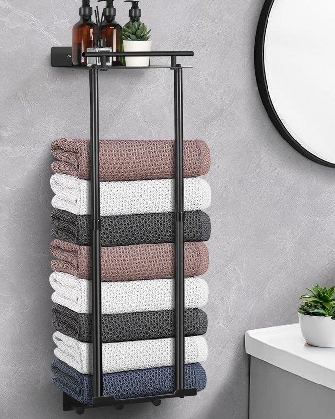 TOWEL RACK TOWEL STORAGE SELF ADHESIVE 81CM ADJUSTABLE POLE 4172CM STABLE WALL MOUNTED TOWEL HOLDER BATHROOM BLACK WITH SHELF HOOKS