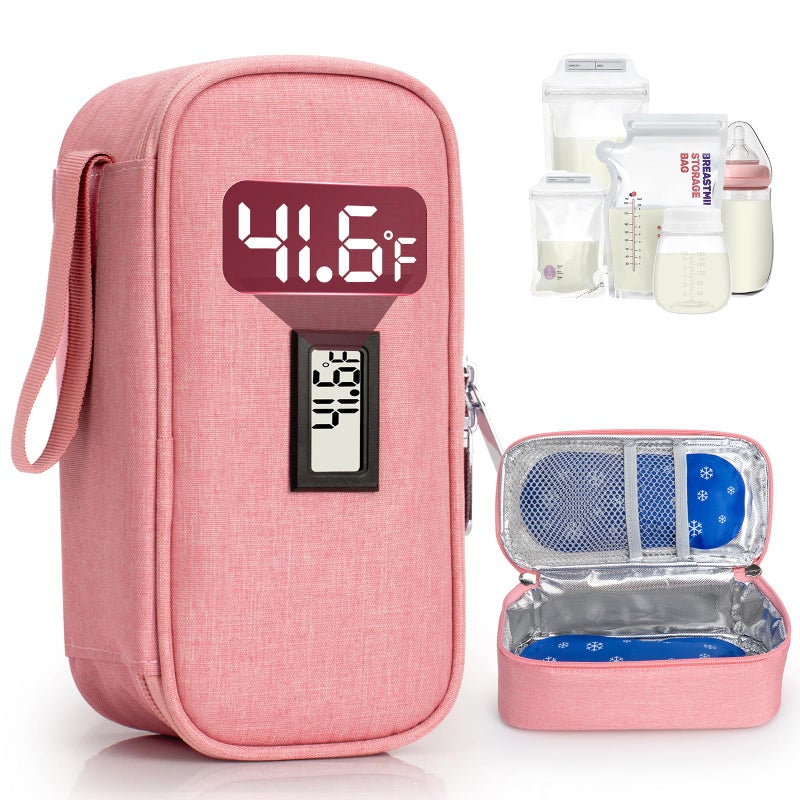 WIBOND Breast Milk Cooler Travel Bag, Real-Time Temperature Display, Holds 4-6 Breastmilk Storage Bag with 2 Breast Milk Ice Pack, Cooling & Waterproof Portable Cooler for Moms on The Go(Pink) - Image 1