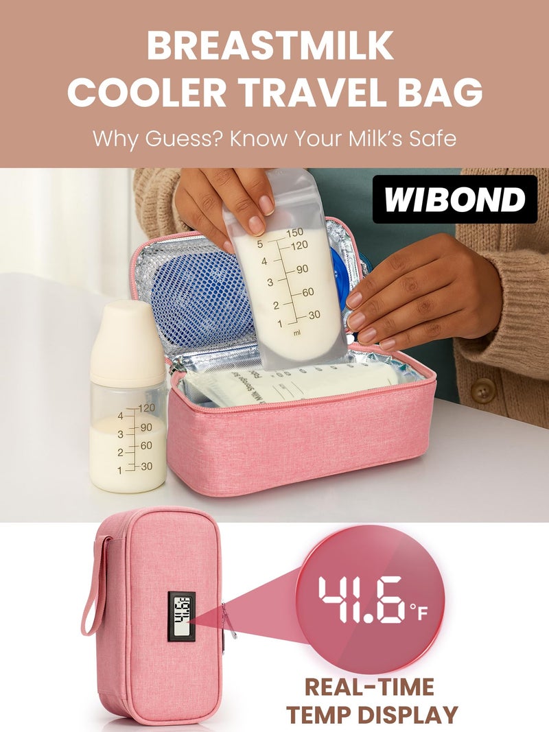 WIBOND Breast Milk Cooler Travel Bag, Real-Time Temperature Display, Holds 4-6 Breastmilk Storage Bag with 2 Breast Milk Ice Pack, Cooling & Waterproof Portable Cooler for Moms on The Go(Pink) - Image 2