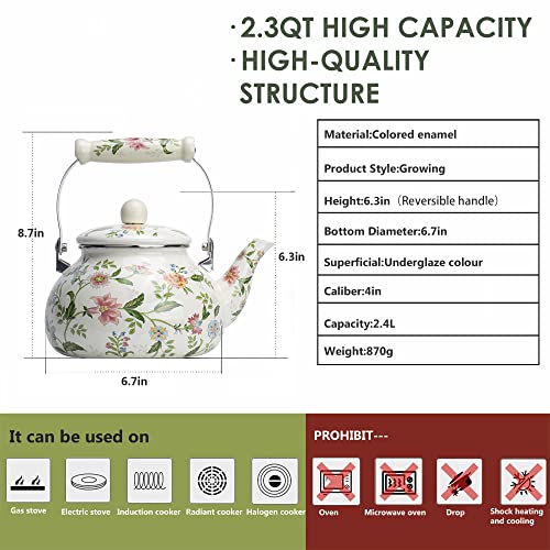 OLYTARU Enamel Teapot floral,Large Porcelain Enameled Teakettle,Colorful Water Tea Kettle pot for Stovetop,Small Retro Classic Design (style01 Growing) - Image 2