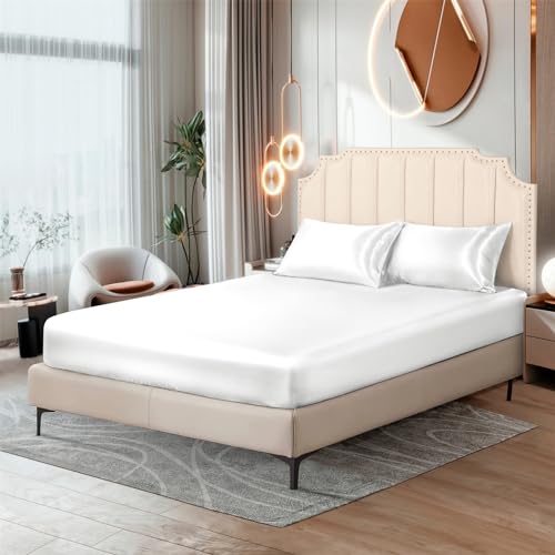 Ersmak Silk Satin Fitted Sheet, Soft Deep Pocket Bottom Luxury King Fitted Sheet, Wrinkle Free, Breathable, Fade Resistant - Ivory White - Image 1
