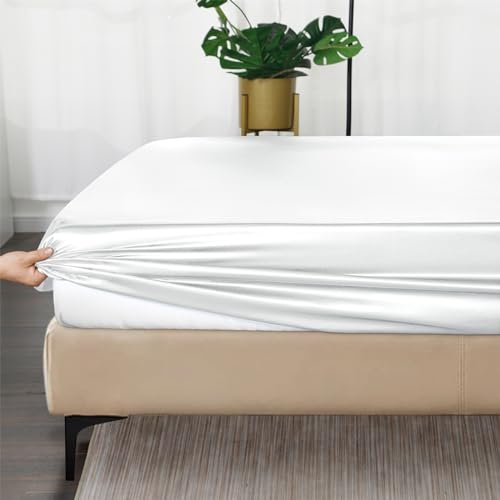 Ersmak Silk Satin Fitted Sheet, Soft Deep Pocket Bottom Luxury King Fitted Sheet, Wrinkle Free, Breathable, Fade Resistant - Ivory White - Image 3
