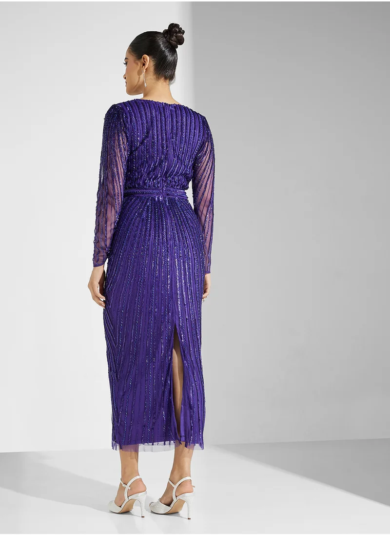 اميليا روز Belted Sequin Mesh Detailed Dress