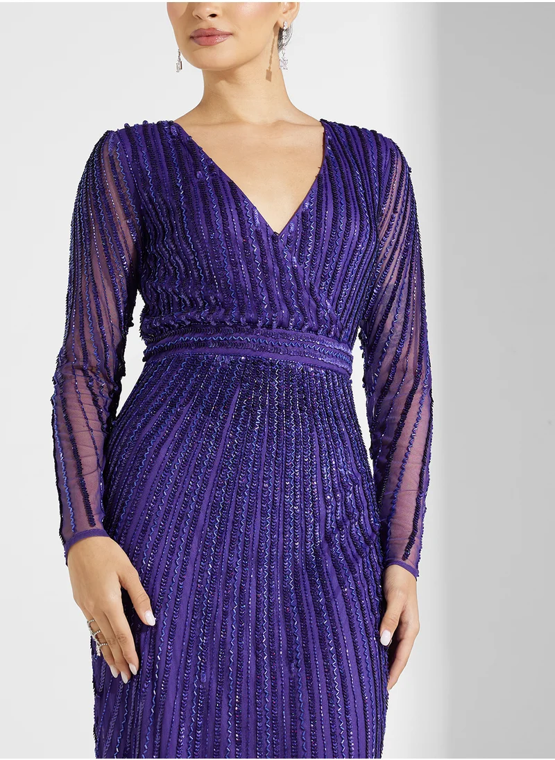 Amelia Rose Belted Sequin Mesh Detailed Dress