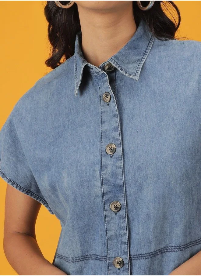 مرفوعة Women Slim Fit Casual Solid Denim Shirt Dress