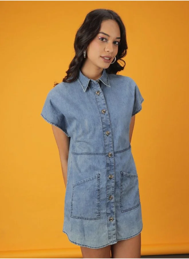مرفوعة Women Slim Fit Casual Solid Denim Shirt Dress