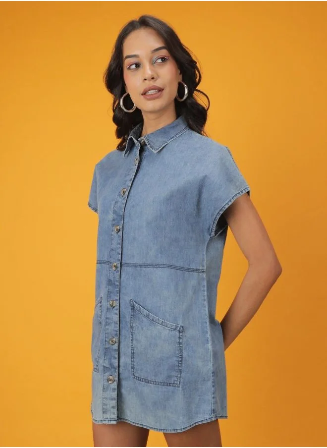 مرفوعة Women Slim Fit Casual Solid Denim Shirt Dress