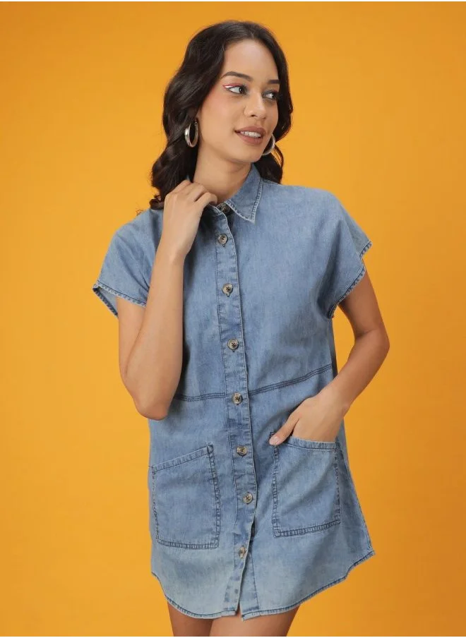 مرفوعة Women Slim Fit Casual Solid Denim Shirt Dress