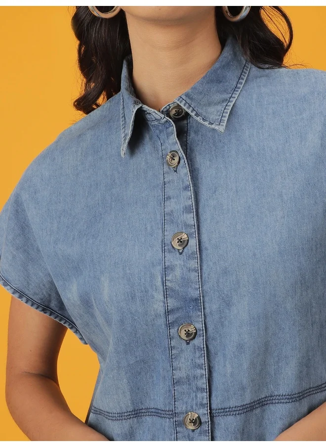 مرفوعة Women Casual Slim Solid Plain Collared Neck Regular Denim Shirt Dress