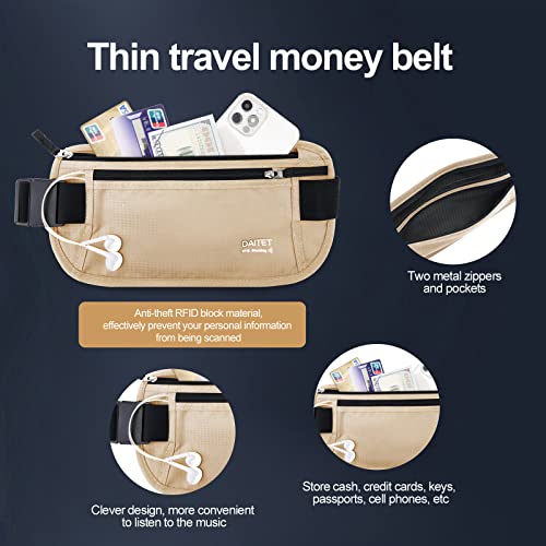 DAITET RFID Blocking Money Belt for Men Women, Slim Fanny Pack For Travel，Running,Conceal Waist Wallet For Passport Holder,Phone,Cash(Black Beige), Black Beige - Image 2