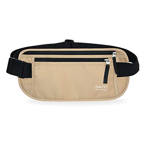 DAITET RFID Blocking Money Belt for Men Women, Slim Fanny Pack For Travel，Running,Conceal Waist Wallet For Passport Holder,Phone,Cash(Black Beige), Black Beige - Image 1