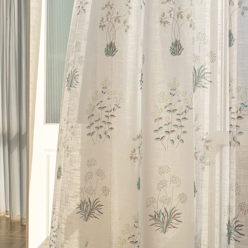 SUOUO Grey Blue Floral Semi Sheer Curtains Linen Textured for Bedroom Living Room 96 inches Long 2 Panels Rod Pocket Patterned Boho Botanical Light Filtering Window Drapes - Image 1