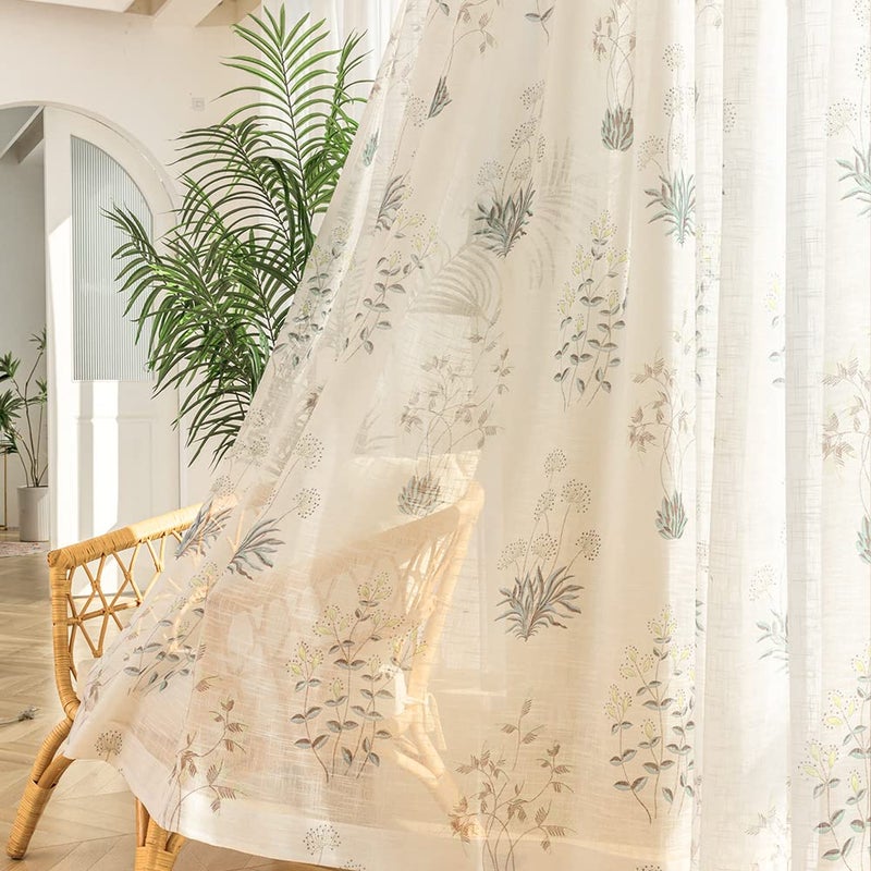 SUOUO Grey Blue Floral Semi Sheer Curtains Linen Textured for Bedroom Living Room 96 inches Long 2 Panels Rod Pocket Patterned Boho Botanical Light Filtering Window Drapes - Image 4