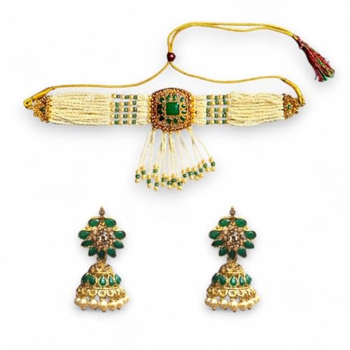 ACCESSHER Pearl Beads Floral Pendant Necklace Set for Women | Elegant Choker & Matching Earrings Jewellery Set | Stylish Necklace Set for Women & Girls (White Green 1) - Image 1