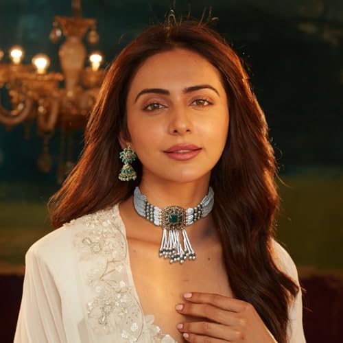 ACCESSHER Pearl Beads Floral Pendant Necklace Set for Women | Elegant Choker & Matching Earrings Jewellery Set | Stylish Necklace Set for Women & Girls (White Green 1) - Image 2
