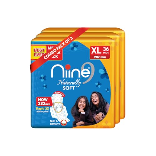 NIINE Naturally Soft XL Sanitary Pads for Women | 282mm Long | Cottony Soft Top Cover | Anti Leak Lock Channel| 2X Absorbent| for Heavy Flow| Pack of 3| 108 Pads - Image 1