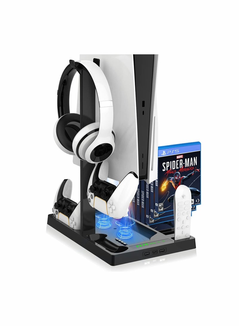 Captaintech Vertical Stand with Cooling Fan for PS5 Console with PS5 Dualsense Charging Station, Charging Station Dock with Dual Controller Charger Ports and Retractable Game Storage for PS5 - Image 1