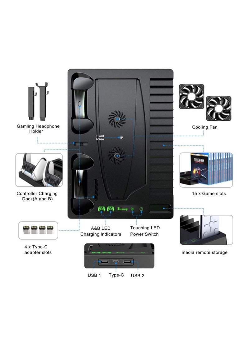 Captaintech Vertical Stand with Cooling Fan for PS5 Console with PS5 Dualsense Charging Station, Charging Station Dock with Dual Controller Charger Ports and Retractable Game Storage for PS5 - Image 4