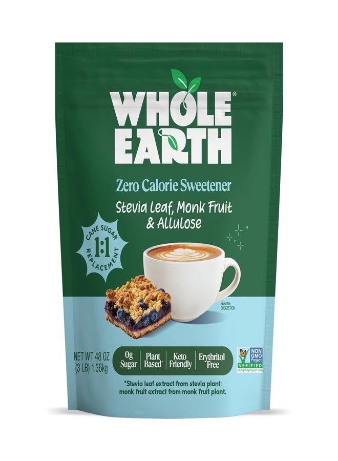 Whole Earth Zero Calorie Stevia, Monk Fruit & Allulose Sweetener, Zero Calorie Sugar Substitute, Keto-Friendly, Non-GMO, No Erythritol, Erythritol-Free, Pouch, 3LB Pouch - Image 1